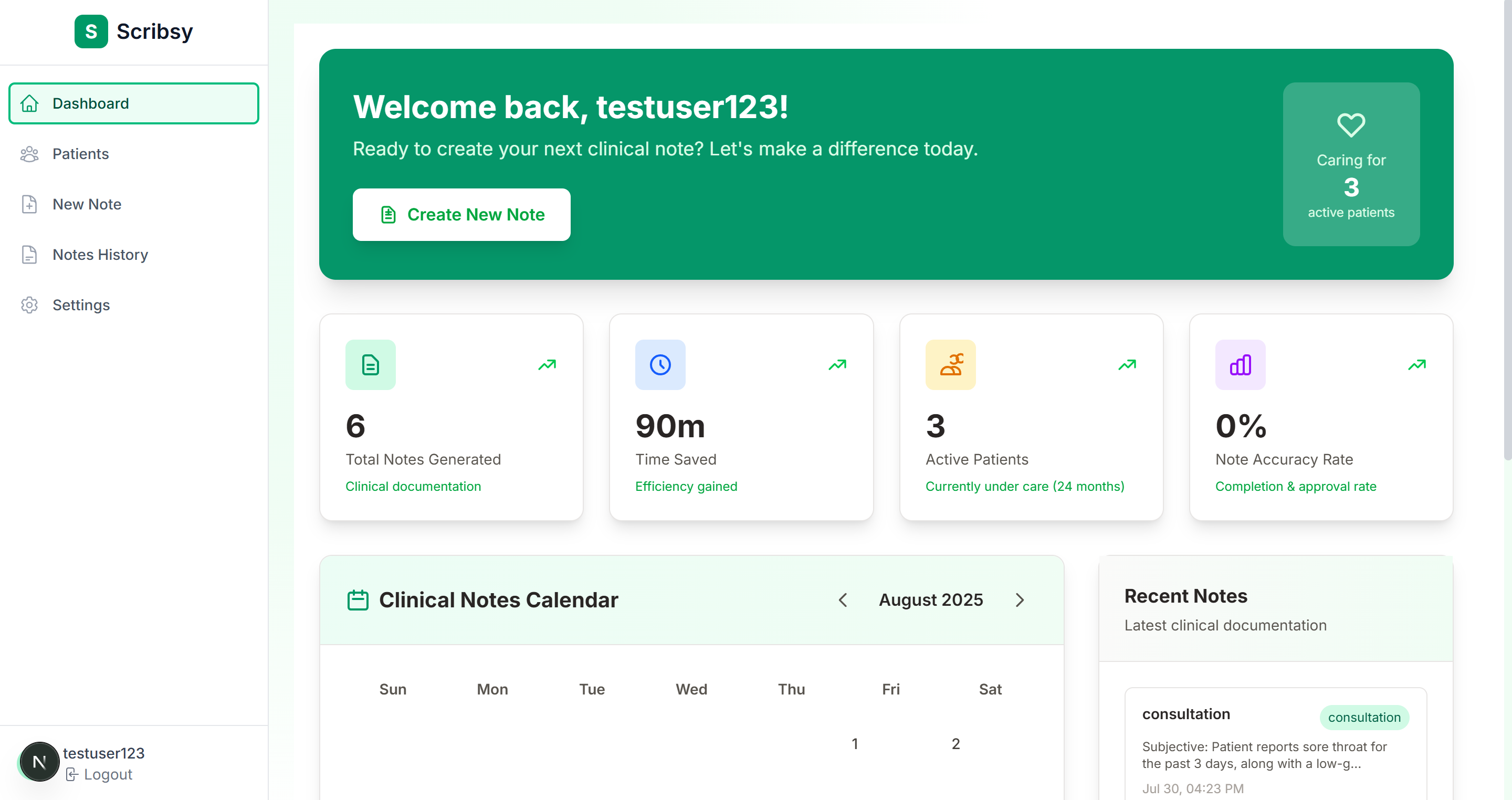 Scribsy dashboard with note creation and documentation overview