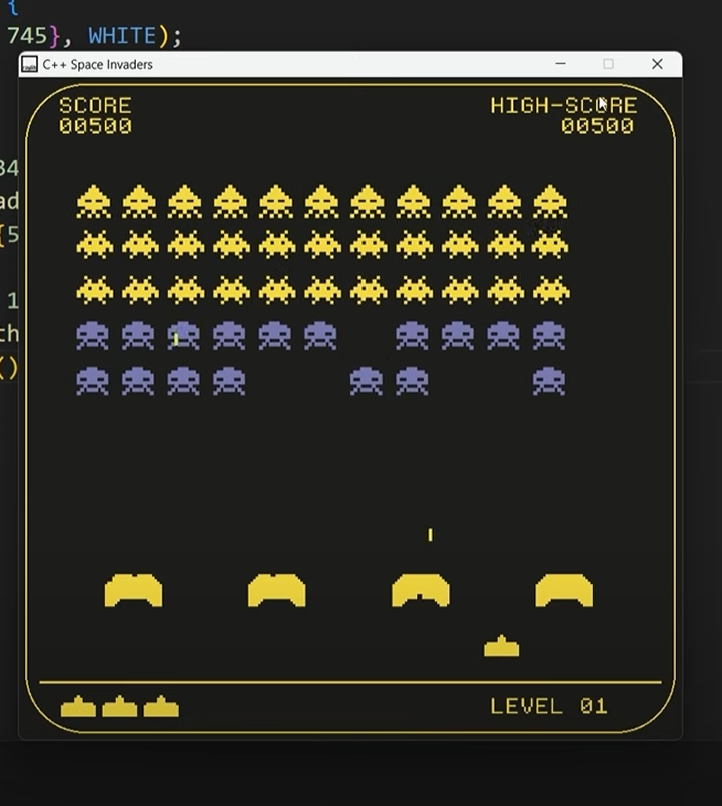 Space Invaders game with pixel art alien rows and player ships